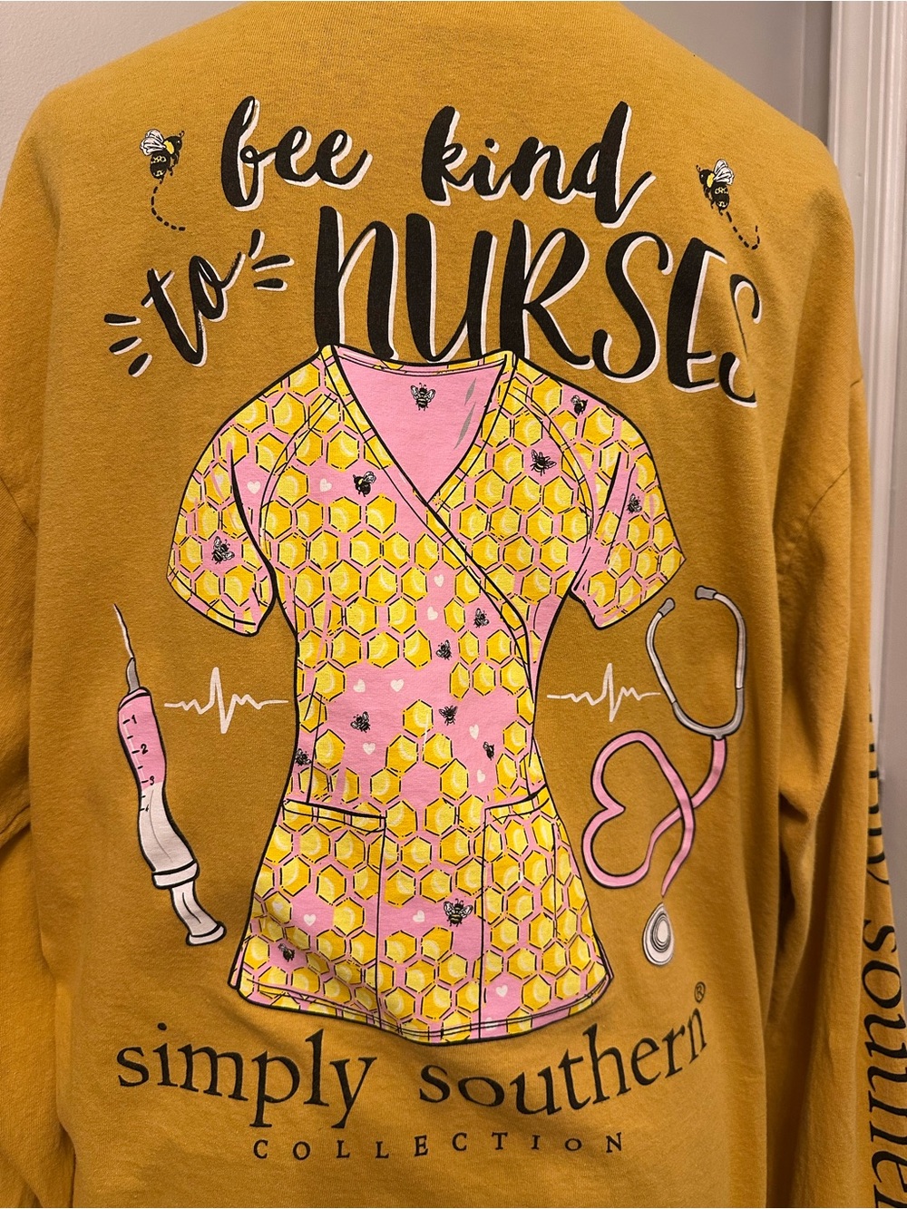 Simply Southern Collection Nurse Bee Kind Long Sleeve Graphic Tee XL Mustard - Picture 9 of 10